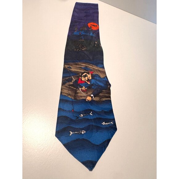 RARE Vintage Hallmark Halloween Tie – Dracula Fishing for Dead Fish – Made in US - Picture 1 of 10